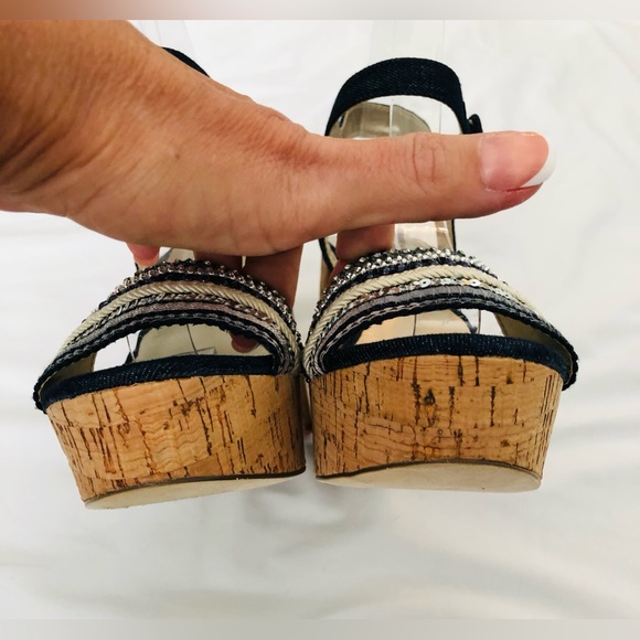 NWOB Nine West denim cork chunky heel platform with sequins and beaded accents. - Picture 10 of 14